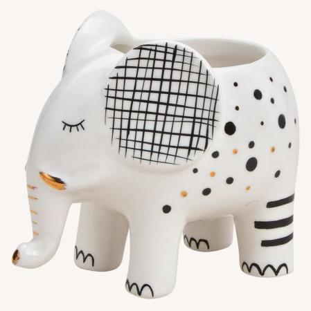 Blumentopf Elefant weiß, schwarz/gelbe Akzente.